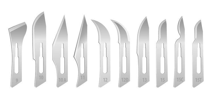 Set of interchangeable blades for a surgical scalpel. Standard set of blades for removable handle number 3. Tools on a white background. Vector illustration