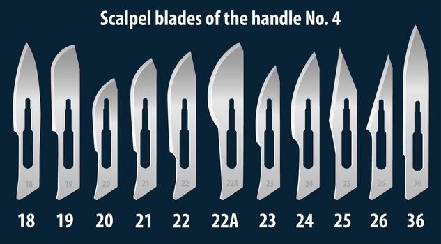 Set of scalpel handle blades No. 4. Manual surgical medical instrument. Vector illustrations.