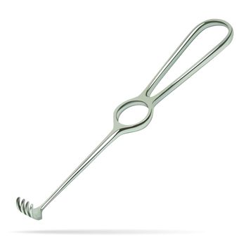 Jagged hooks Folkmann. Semi-sharp four-tooth hook is designed to widen the edges of the wound. Manual surgical metal tool of reusable use.Realistic medical object on white background. Vector