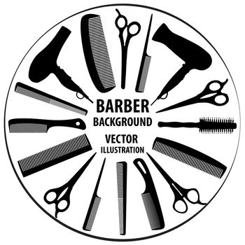 Background for barber and hairdresser. Black and white image of a barber and hairdresser tools. Vector illustration.