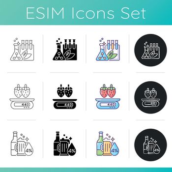 Foodstuff icons set. Chemical conservartive for food. Strawberry calorie count. Artificial preservative for foodstuff. Linear, black and RGB color styles. Isolated vector illustrations