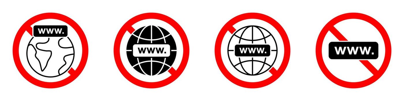 Internet connection ban icon. Internet is prohibited. Stop or ban red round sign with internet connection icon. Vector illustration. Forbidden signs set.