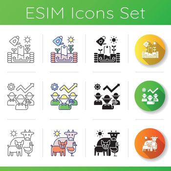 Agribusiness icons set. Keyhole garden structure. Irrigation system. Animal husbandry. Agricultural development. Chart growth. Linear, black and RGB color styles. Isolated vector illustrations