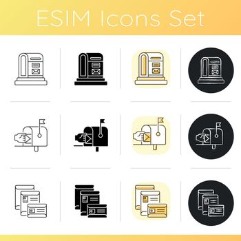 Mail icons set. Linear, black and RGB color styles. Street postbox, residential mailbox and letter envelopes. Professional express postal delivery services. Isolated vector illustrations