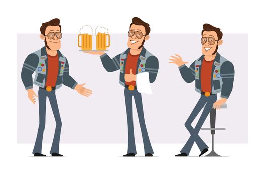 Cartoon flat strong disco man in sunglasses and jeans jacket. Ready for animation. Boy resting, holding beer and shaking hands. Isolated on violet background. Vector icon set.