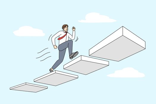 Stressed businessman run upstairs pursue career goal or work success. Anxious man catching last chance achieve new opportunities. Accomplishment and progress. Vector illustration.