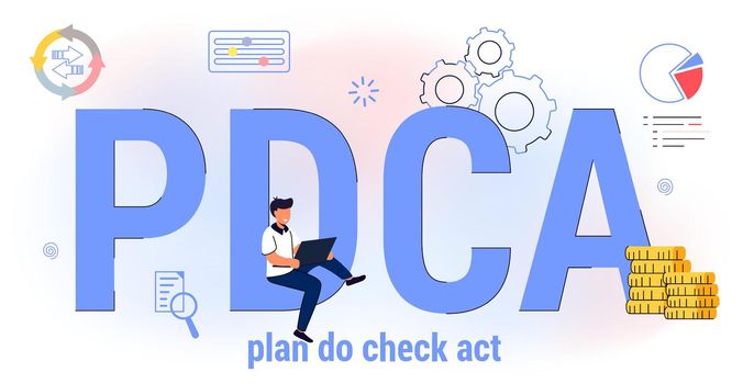 PDCA Plan Do Check Act Business action strategy goal success concept Method continuous improvement processes and products Vector illustration. Scheme with steps for process management and monitoring