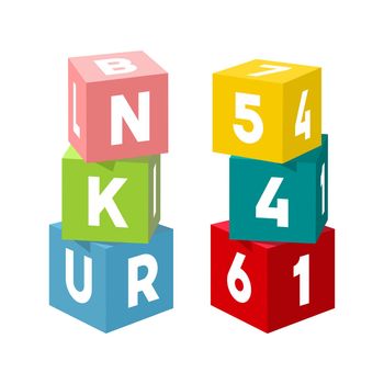 Bright colorful toy bricks building towers. Block vector illustration on white background. Cubes with numbers and letters.