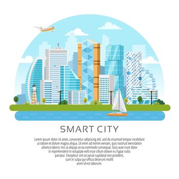 Round style smart city vector landscape with buildings, skyscrapers and river traffic