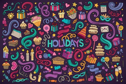 Colorful vector hand drawn Doodle cartoon set of holidays objects and symbols