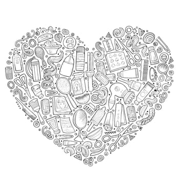 Line art vector hand drawn set of Hair salon cartoon doodle objects, symbols and items. Heart form composition