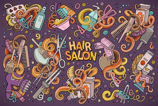 Vector hand drawn doodle cartoon set of Hair salon theme items, objects and symbols