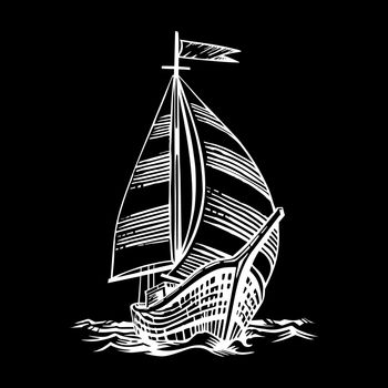 Sailing ship floating on the waves. Hand drawn engraving scratchboard style imitation. Isolated on a black background.