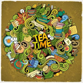 Cartoon cute doodles hand drawn Tea time illustration. Colorful detailed, with lots of objects background. Funny vector artwork