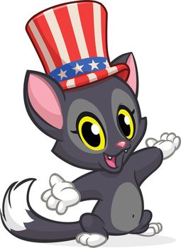 Funny cartoon fat cat sitting and wearing Uncle Sam hat. Kitty character design for American Independence Day. Vector illustration for print, poster or invitation for USA 4th of July holiday