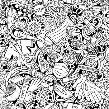 Cartoon cute doodles hand drawn Epidemic seamless pattern. Line art detailed, with lots of objects background. Endless funny vector illustration. All objects separate.