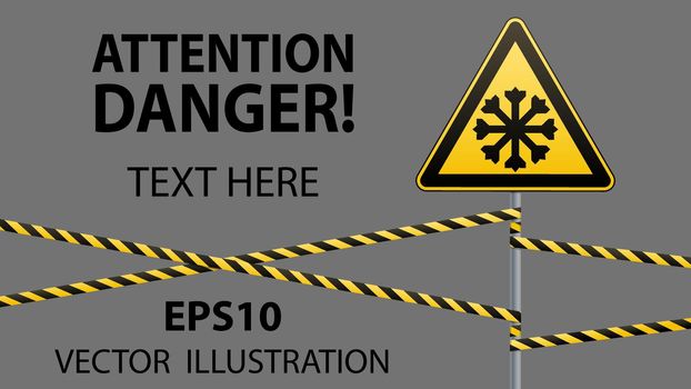 Carefully cold. Warning sign safety. pillar with sign and warning bands. Vector illustration