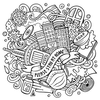 Cartoon vector doodles Please, Stay at Home illustration. Line art, detailed, with lots of objects background. All objects separate. Sketchy epidemic picture