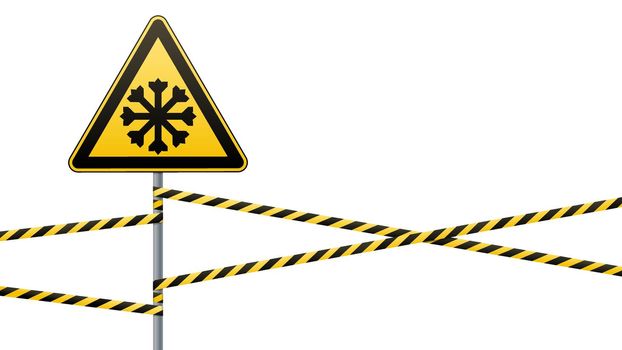 Carefully cold. Warning sign safety. pillar with sign and warning bands. Vector illustration