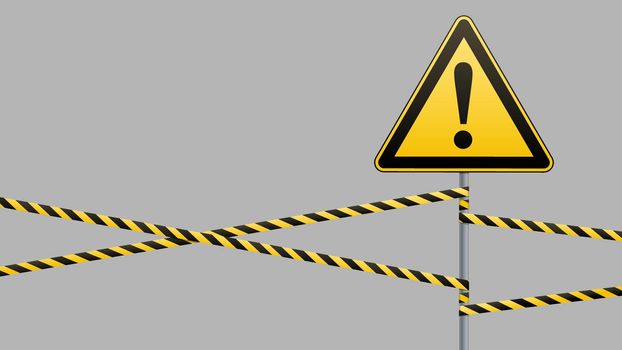 Caution - danger Warning sign safety. yellow triangle with black image. sign on pole and protecting ribbons. Vector illustration