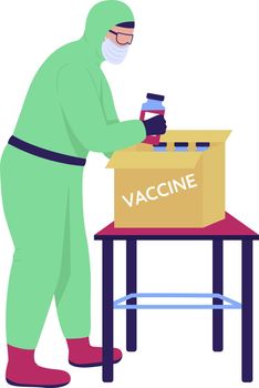 Lab assistant packing up vaccine semi flat color vector character. Full body person on white. Vaccines supply isolated modern cartoon style illustration for graphic design and animation