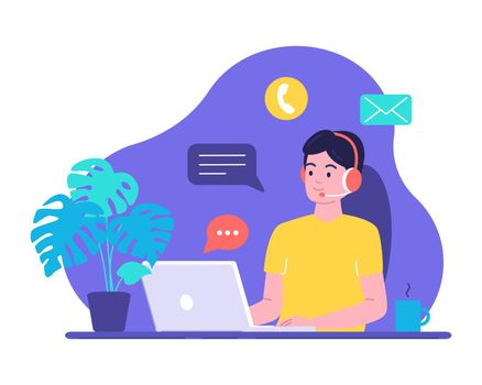 Man works on laptop, communicates with customers through headset and responds to messages. Online consultant, working from home, solving everyday problems with clients.Vector illustration.