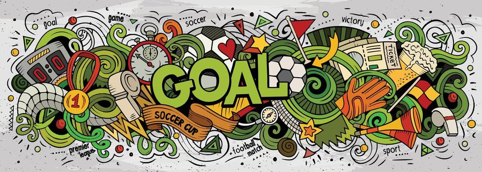 Cartoon cute doodles Goal word. Colorful horizontal illustration. Background with lots of separate objects. Funny vector artwork