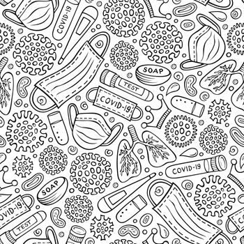 Viruses hand drawn doodles seamless pattern. Coronavirus background. Cartoon print design. Sketchy vector illustrations
