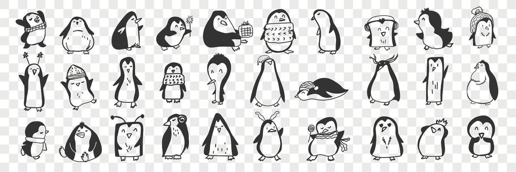 Penguin doodle set. Collection of funny hand drawn cute penguins animals in accessories doing everyday things enjoying life isolated on transparent background. Illustration for kids