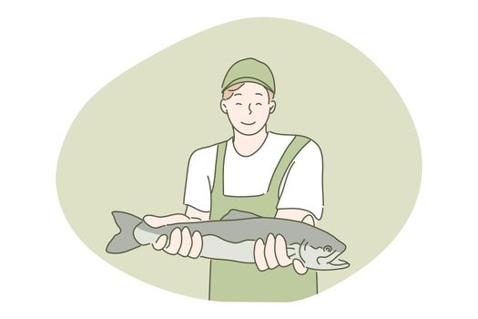 Hobby, fishing, catch concept. Young happy smiling man angler fisherman cartoon character showing fish and looking at camera. Summertime holiday recreation and active lifestyle vector illustration.