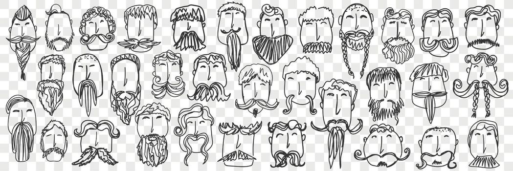 Beard and mustache doodle set. Collection of funny hand drawn male head with different style of beards and moustache isolated on transparent background. Illustration of brutal men facial hairstyle