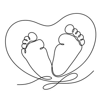 Little baby feet with heart shape line art vector illustration. One line drawing and continuous style