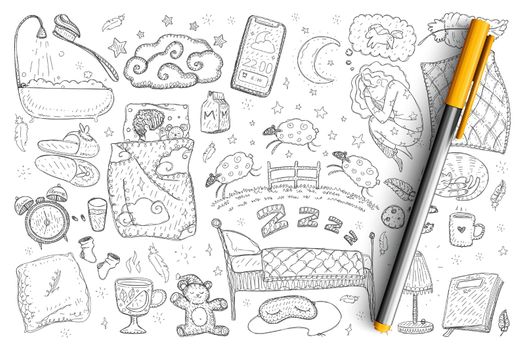 Morning and sleeping rituals doodle set. Collection of hand drawn bedroom with bed and blankets, sleeping people, alarm clock, counting sheep and home accessories isolated on transparent background
