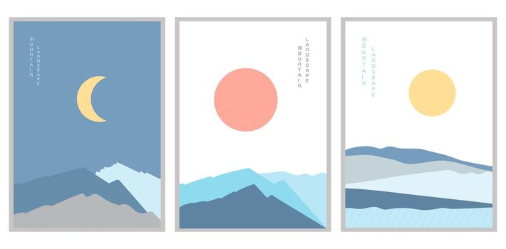 Mountain landscape posters vector illustration set. Geometric landscape background in Asian Japanese style. Abstract symbol for print, poster, postcard, screensaver on the phone, for social media, stickers.