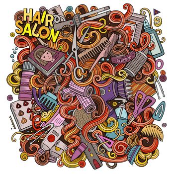 Cartoon cute doodles hand drawn Hair salon illustration. Colorful detailed, with lots of objects background. Funny vector artwork. Bright colors picture with barber shop items