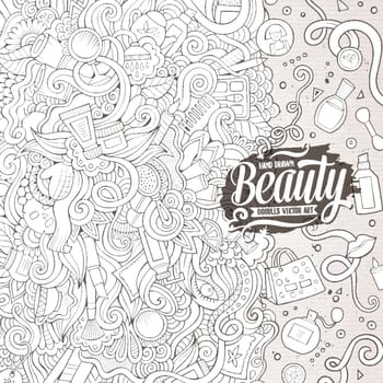 Cartoon cute doodles hand drawn cosmetics frame design. Line art detailed, with lots of objects background. Funny vector illustration. Sketchy border with beauty theme items
