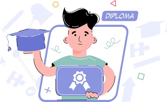 Diploma topic. The boy is holding a diploma and a graduation cap. Element for the design of presentations, applications and websites. Trend illustration. Vector illustration