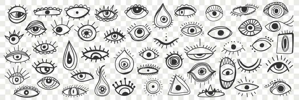 Spiritual occult eye doodle set. Collection of hand drawn various eyes as cultural religious and spiritual symbols and mascot isolated on transparent background. Illustration of sacred eyes concept