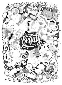 Cartoon cute doodles hand drawn cosmetics frame design. Line art detailed, with lots of objects background. Funny vector illustration. Sketchy illustration with beauty theme items
