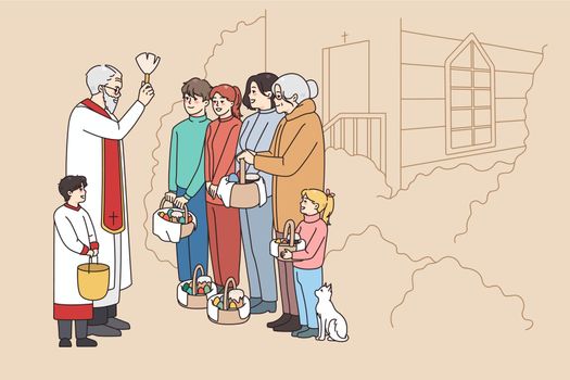 Priest holding aspersorium with holy water blessing people at church worship on Eater morning. Clergymen sanctify parishioners with aspergillum. Faith and religion. Vector illustration.