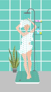 Girl taking a shower. Morning routine. Colorful vector illustration for your design.