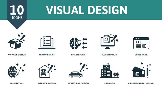Visual Design set icon. Editable icons visual design theme such as package design, brainstorm, wireframe and more