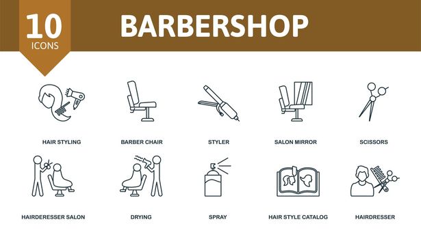 Barbershop set icon. Editable icons barbershop theme such as hair styling, styler, scissors and more