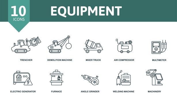 Equipment icon set. Contains editable icons machinery theme such as trencher, mixer truck, multimeter and more