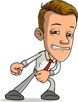 Cartoon brunette standing funny strong boy character draging something with red tie. Isolated on white background. Vector icon.