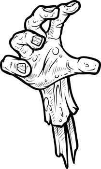 Cartoon graphic black and white hand drawn scary zombie monster hand with bone. Isolated on white background. Halloween vector icon.