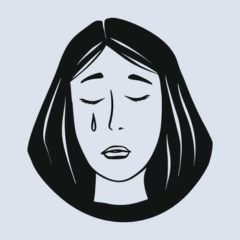 Woman feels unhappy, crying, depressive mood. Hand drawn vector illustration of person with panic or mental disorder. Anxiety, depression, stress, headache. Vector illustration