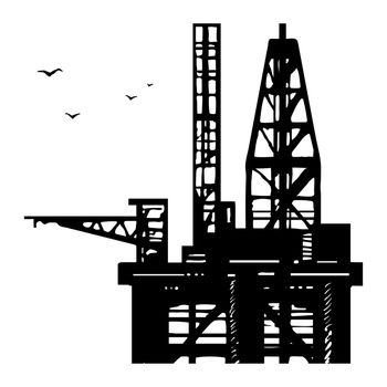 Oil platform derrick silhouette. Platform drilling offshore oil, vector hand-drawn.