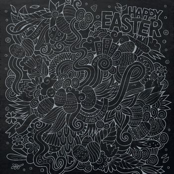 Cartoon hand-drawn doodles on the subject of Easter theme pattern. Chalkboard detailed, with lots of objects vector background