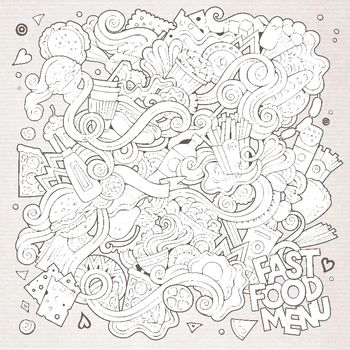 Fast food doodles elements background. Vector sketchy illustration